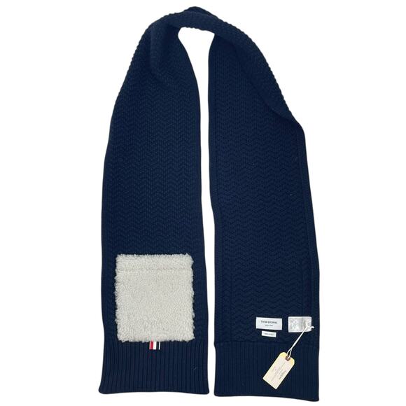 Thom Browne Shearling Trimmed Knit Wool Scarf Navy Blue Men 85" - Picture 9 of 9